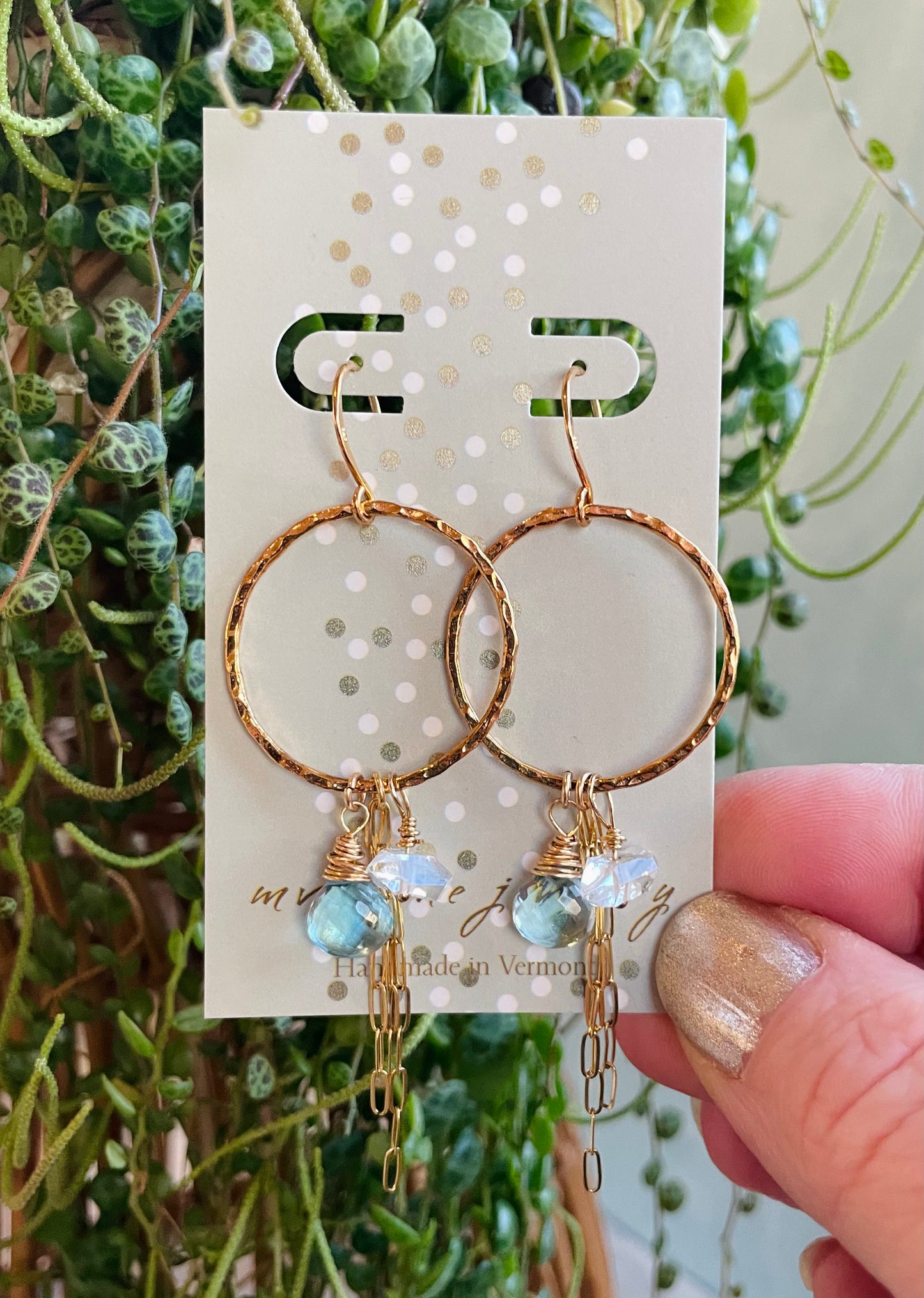 Gold Hoop Earrings with Topaz, Herkimer, and Chain