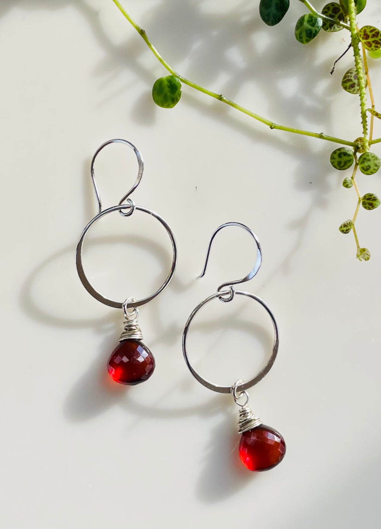 Garnet Dangle Hoop Earrings