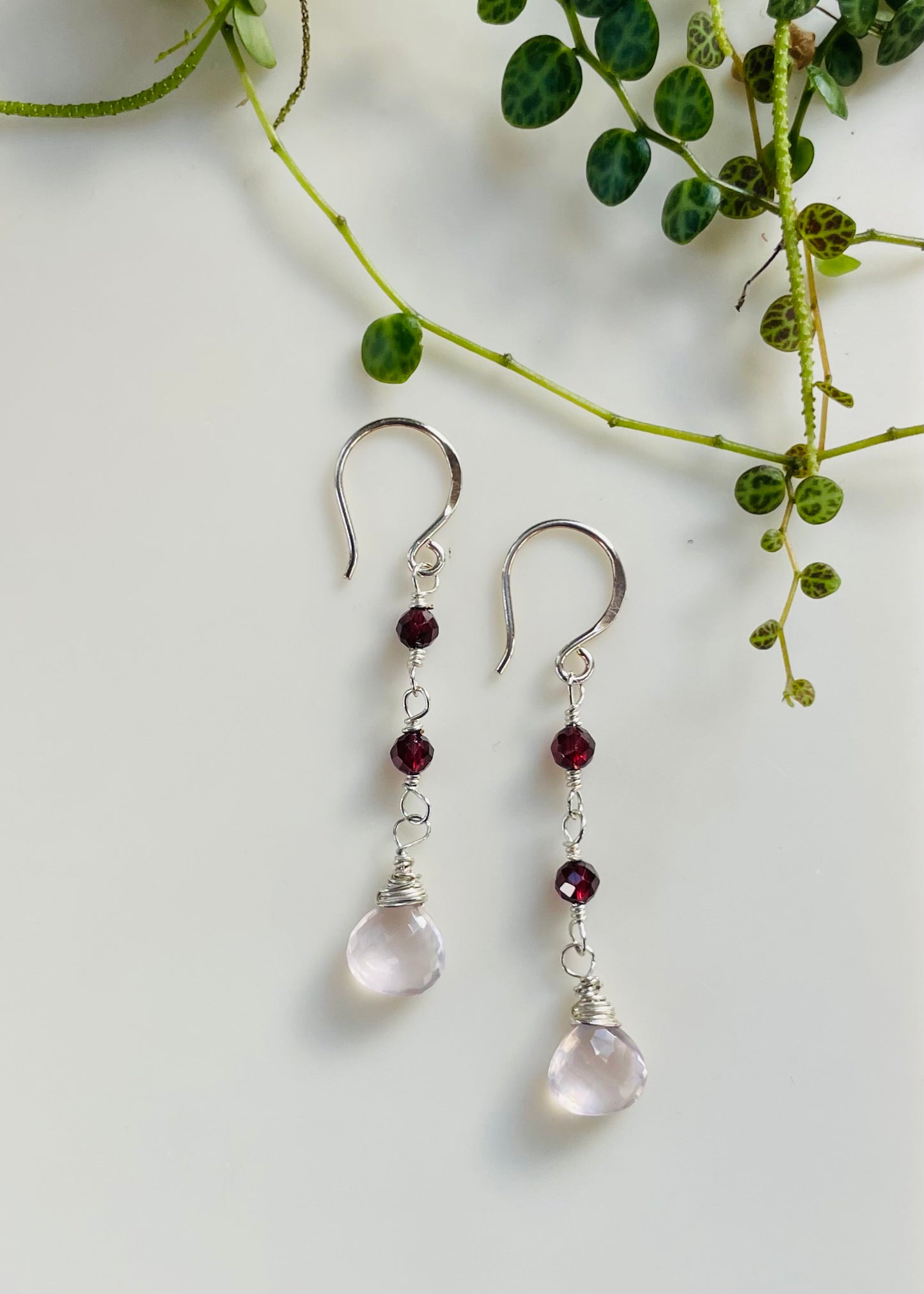 Garnet and Rose Quartz Dangle Earrings
