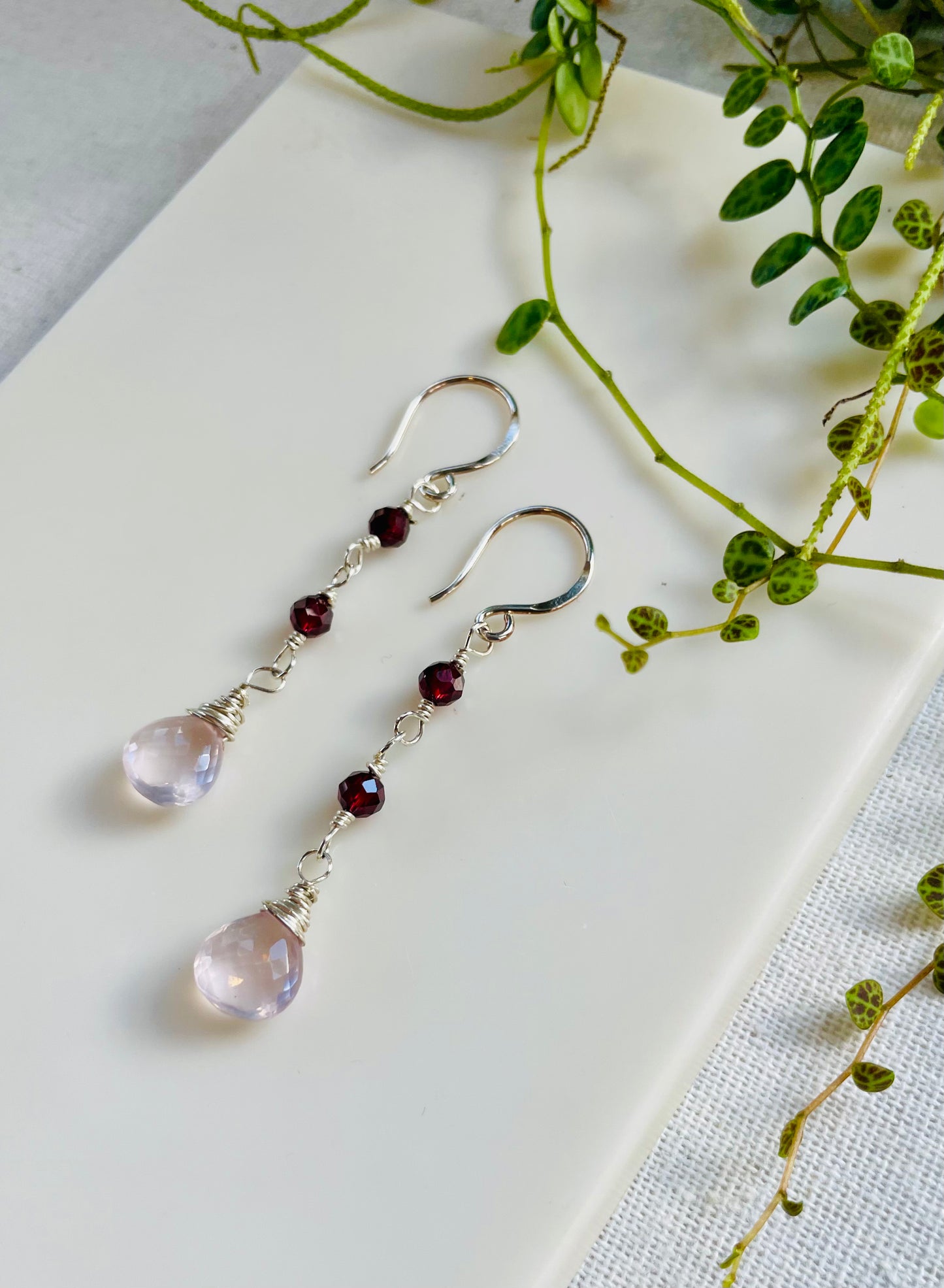 Garnet and Rose Quartz Dangle Earrings