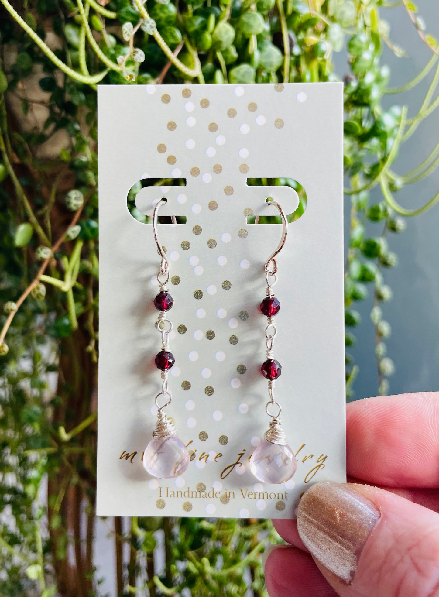 Garnet and Rose Quartz Dangle Earrings