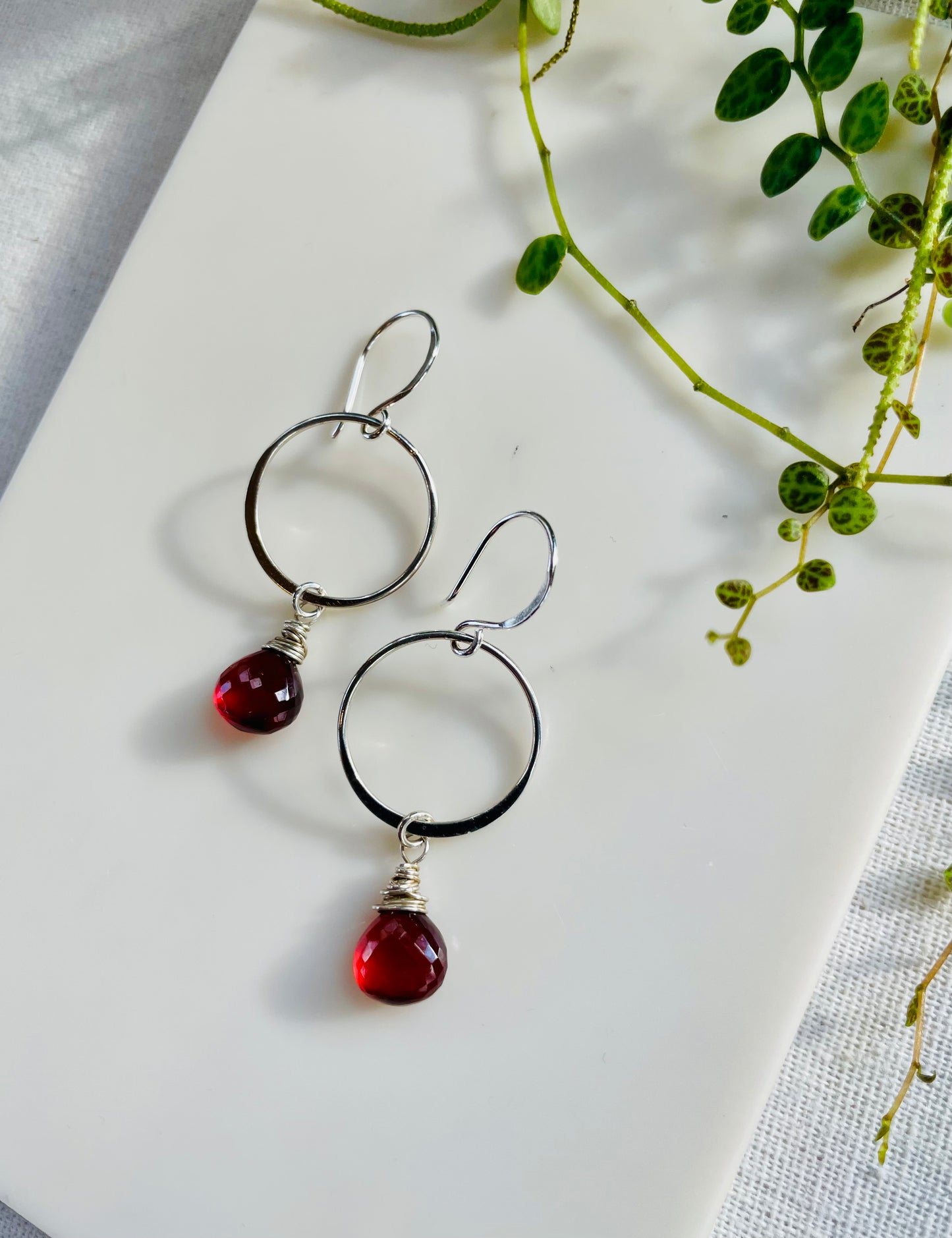 Garnet Dangle Hoop Earrings
