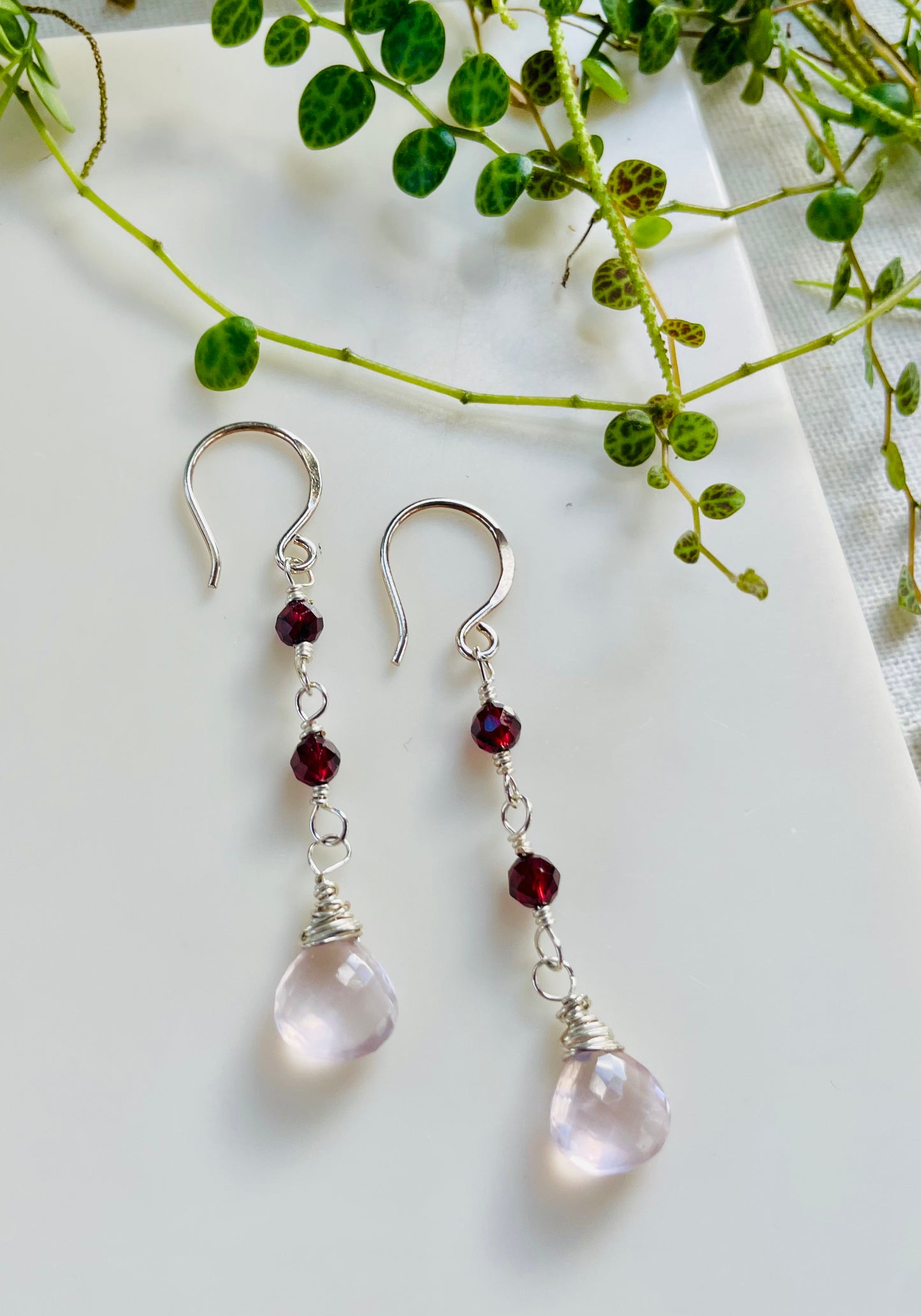 Garnet and Rose Quartz Dangle Earrings