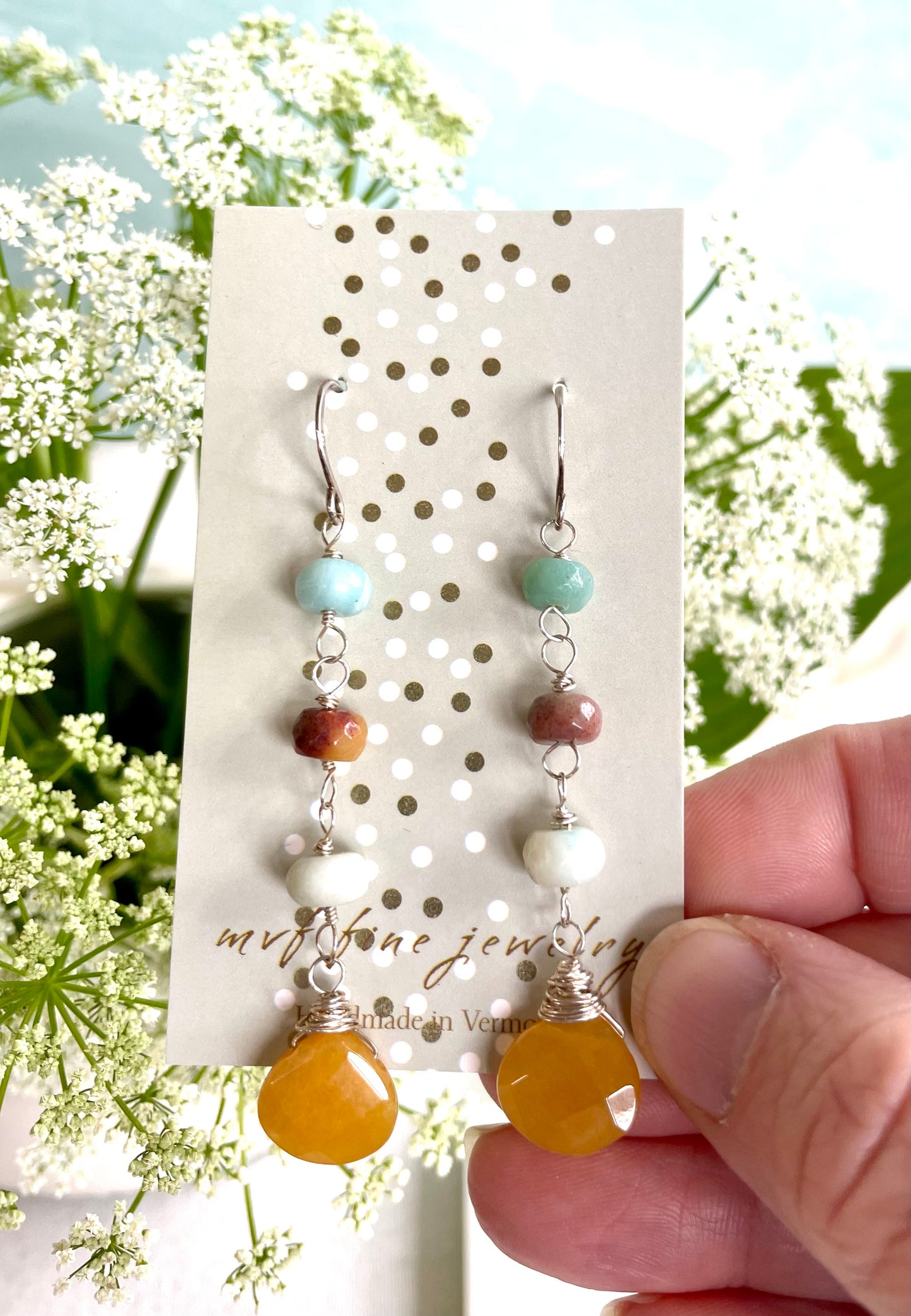 Long Amazonite and Calcedony Drop Earrings