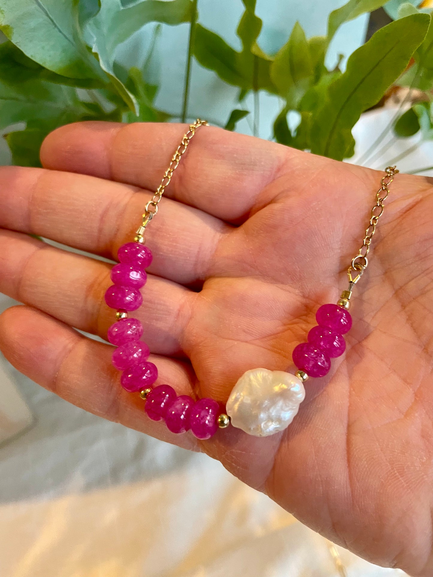 Pink Jade and Pearl Bar Necklace