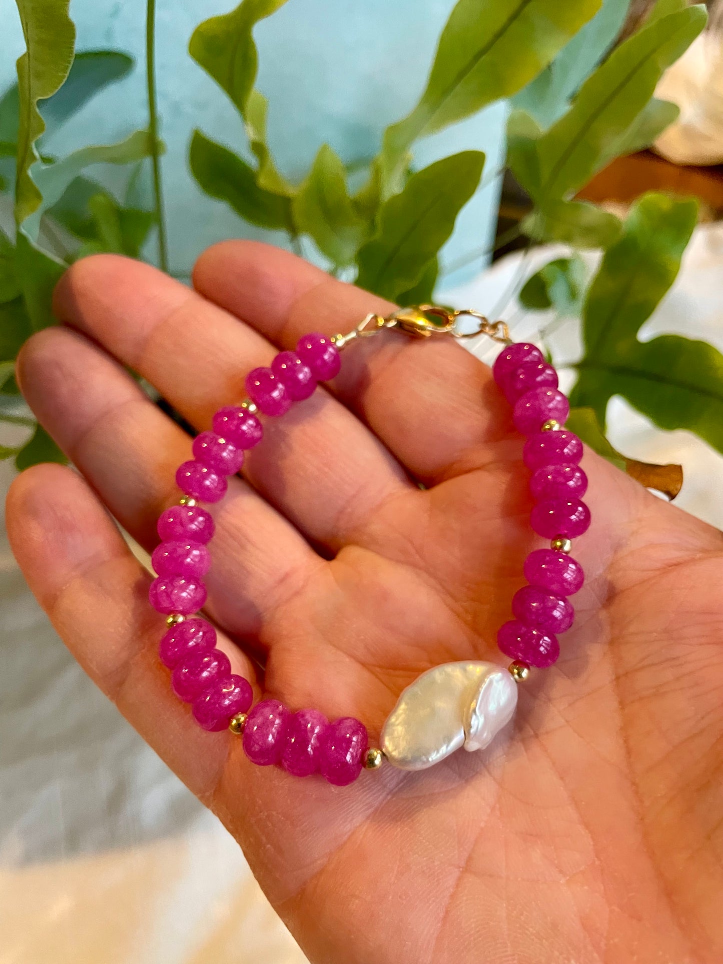 Pink Jade and Pearl Bar Necklace