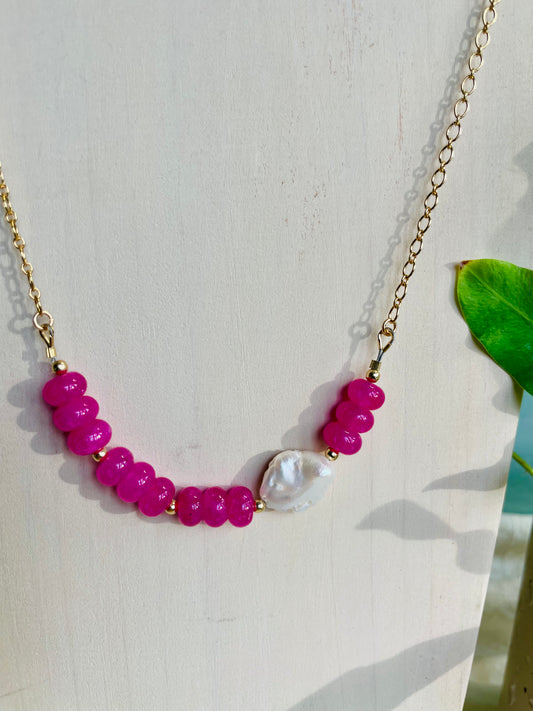 Pink Jade and Pearl Bar Necklace