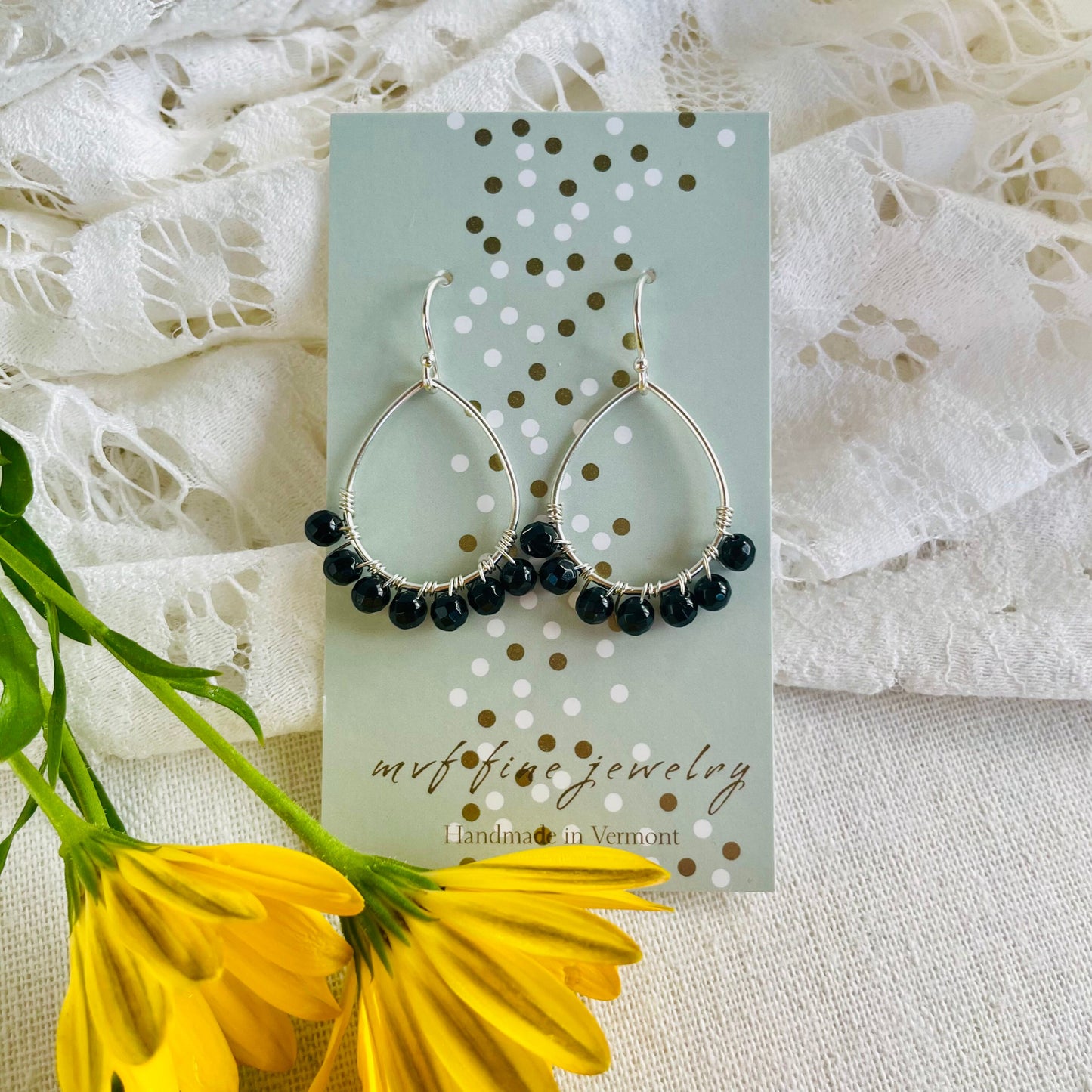 Mini Teardrop Hoop Earrings in Black Onyx and Silver