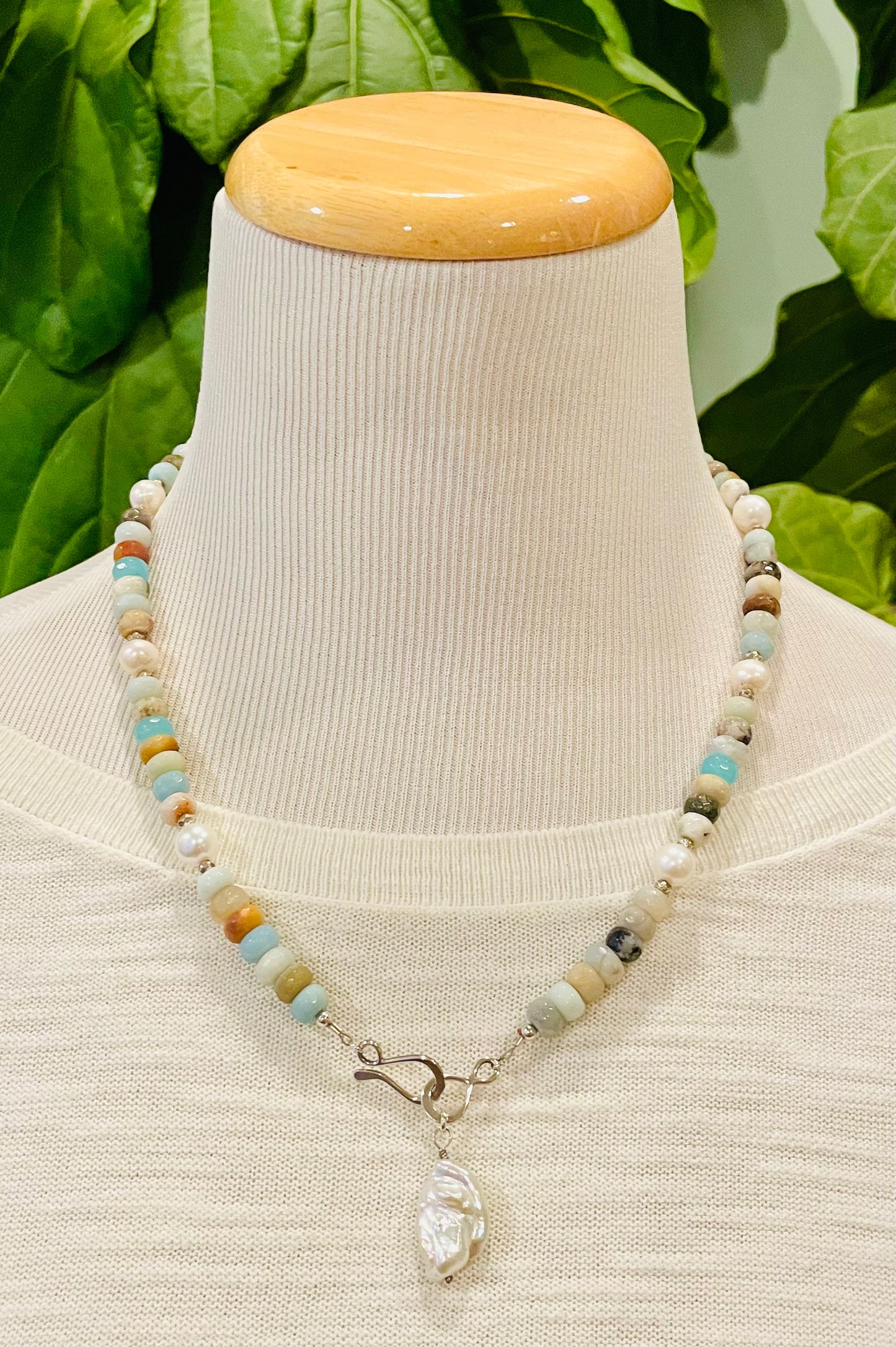 Amazonite and Keshi Pearl Pendant Necklace