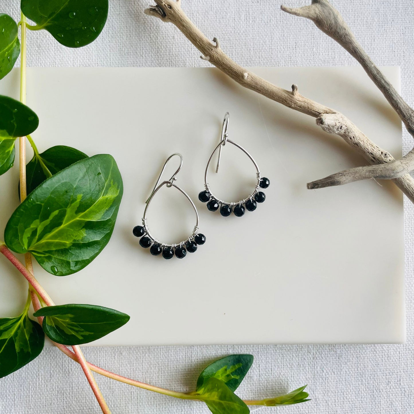 Mini Teardrop Hoop Earrings in Black Onyx and Silver