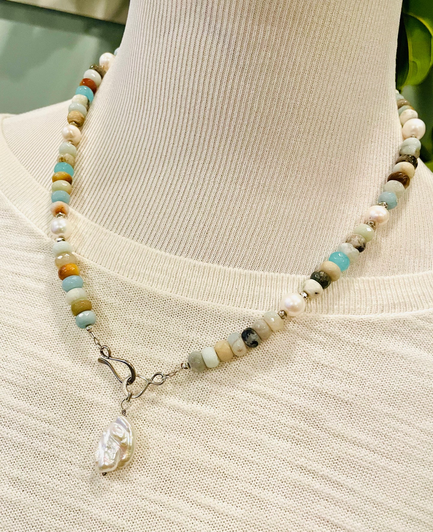 Amazonite and Keshi Pearl Pendant Necklace