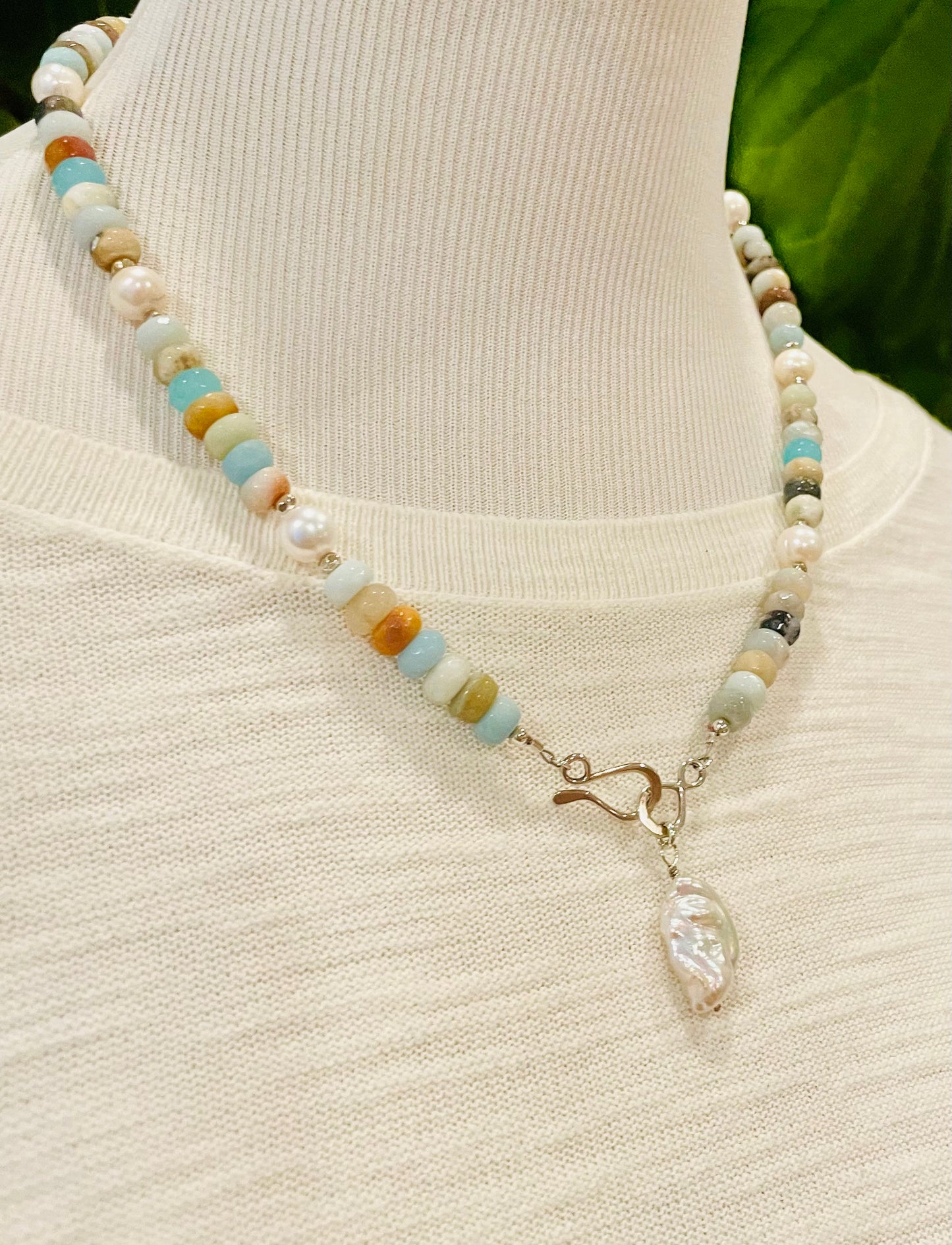 Amazonite and Keshi Pearl Pendant Necklace