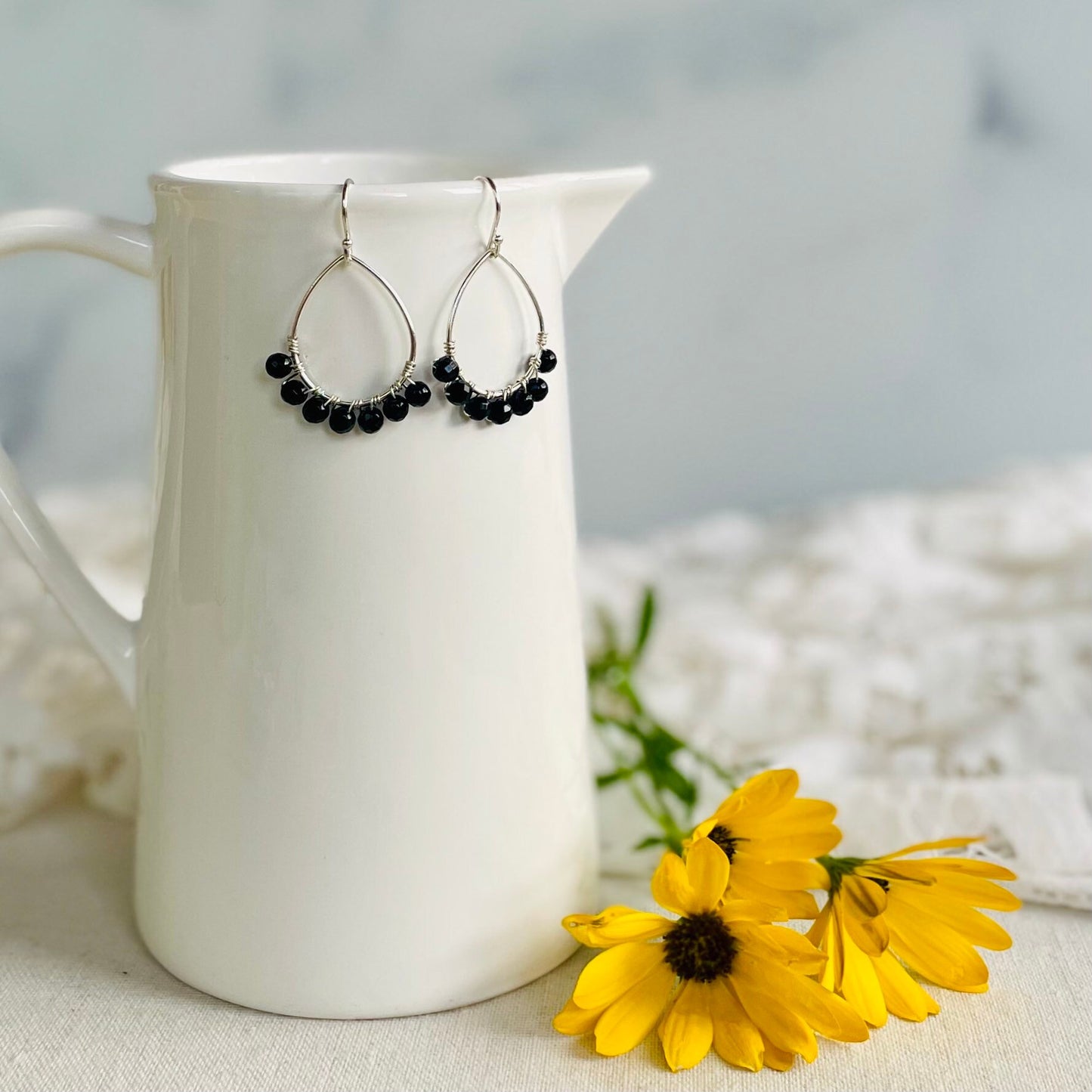 Mini Teardrop Hoop Earrings in Black Onyx and Silver