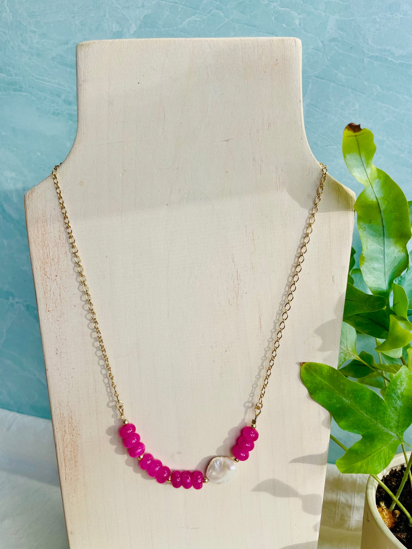 Pink Jade and Pearl Bar Necklace