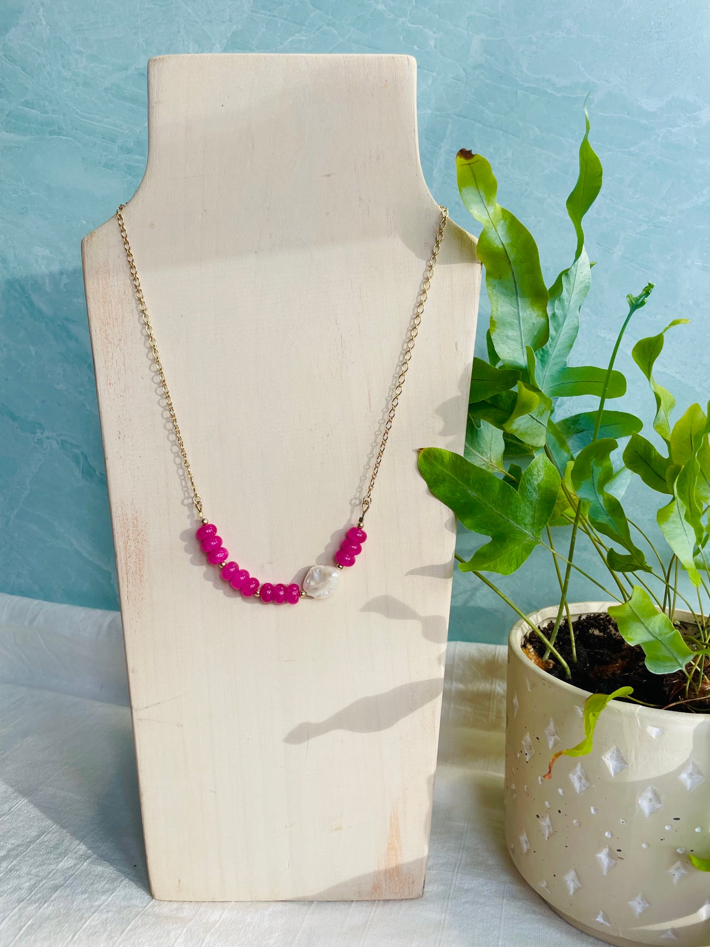 Pink Jade and Pearl Bar Necklace
