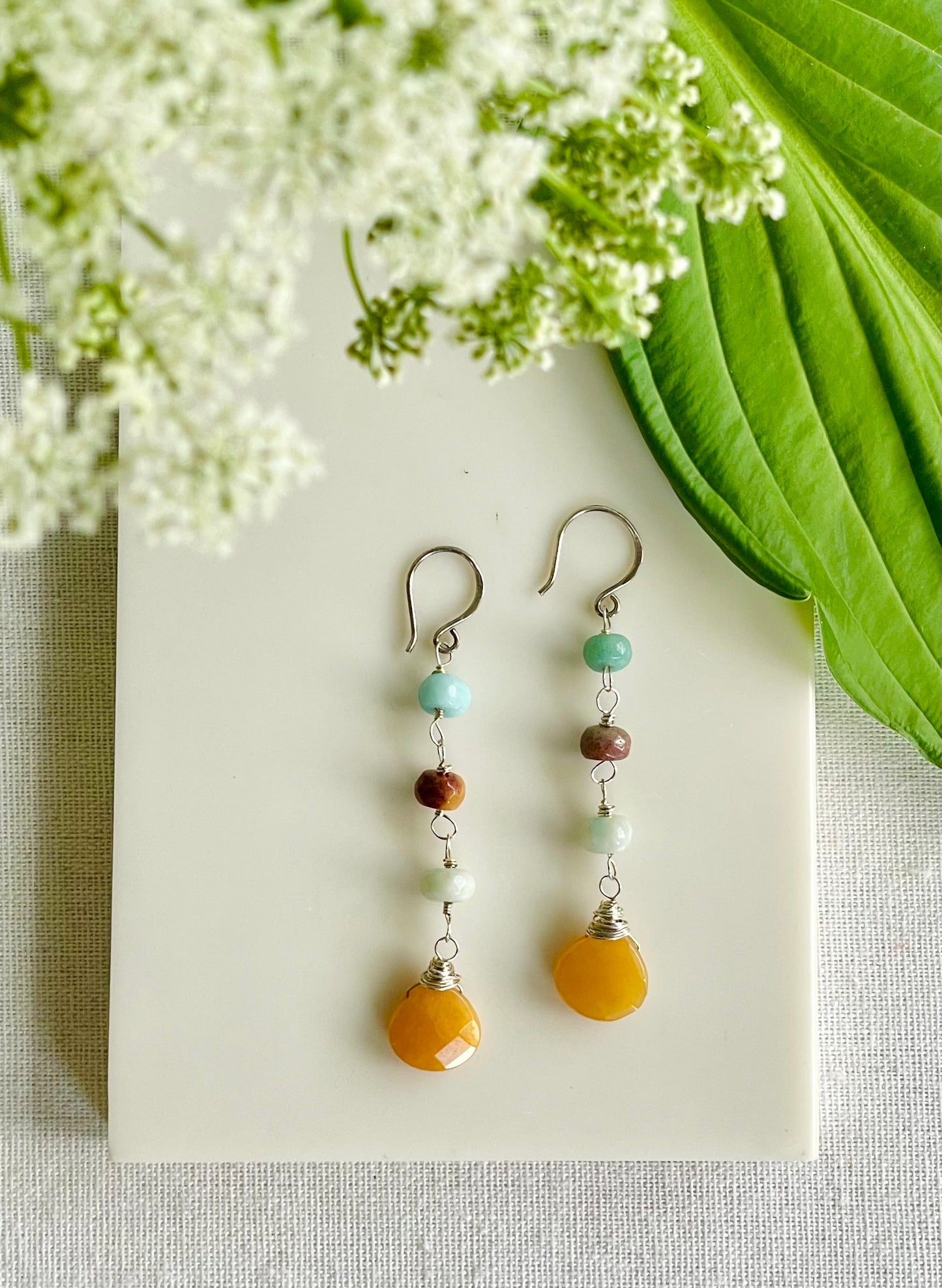 Long Amazonite and Calcedony Drop Earrings