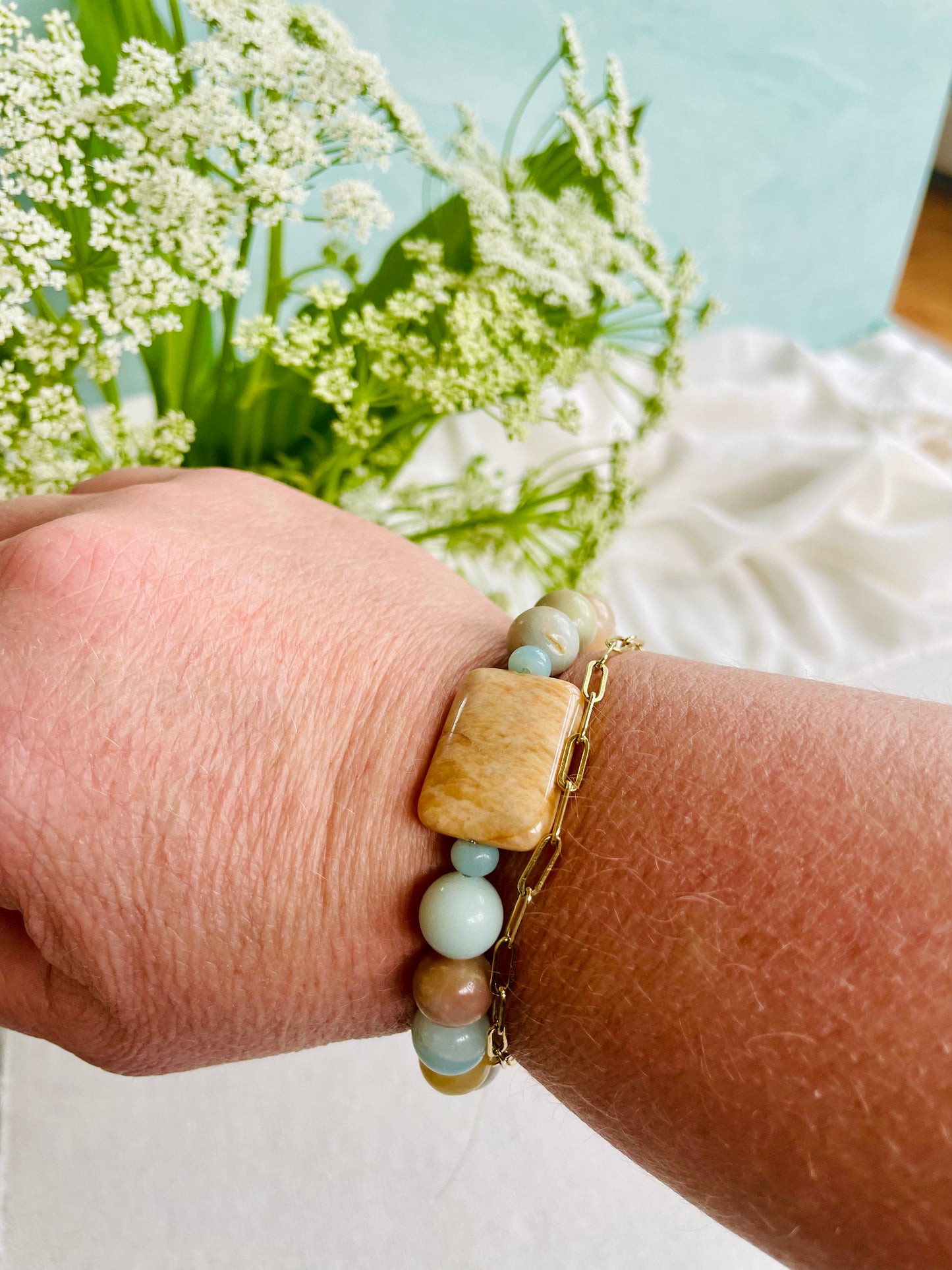 Natural Amazonite and Jade Bracelet