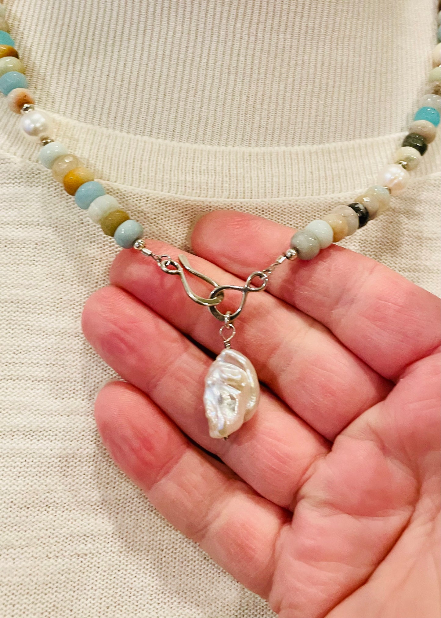 Amazonite and Keshi Pearl Pendant Necklace