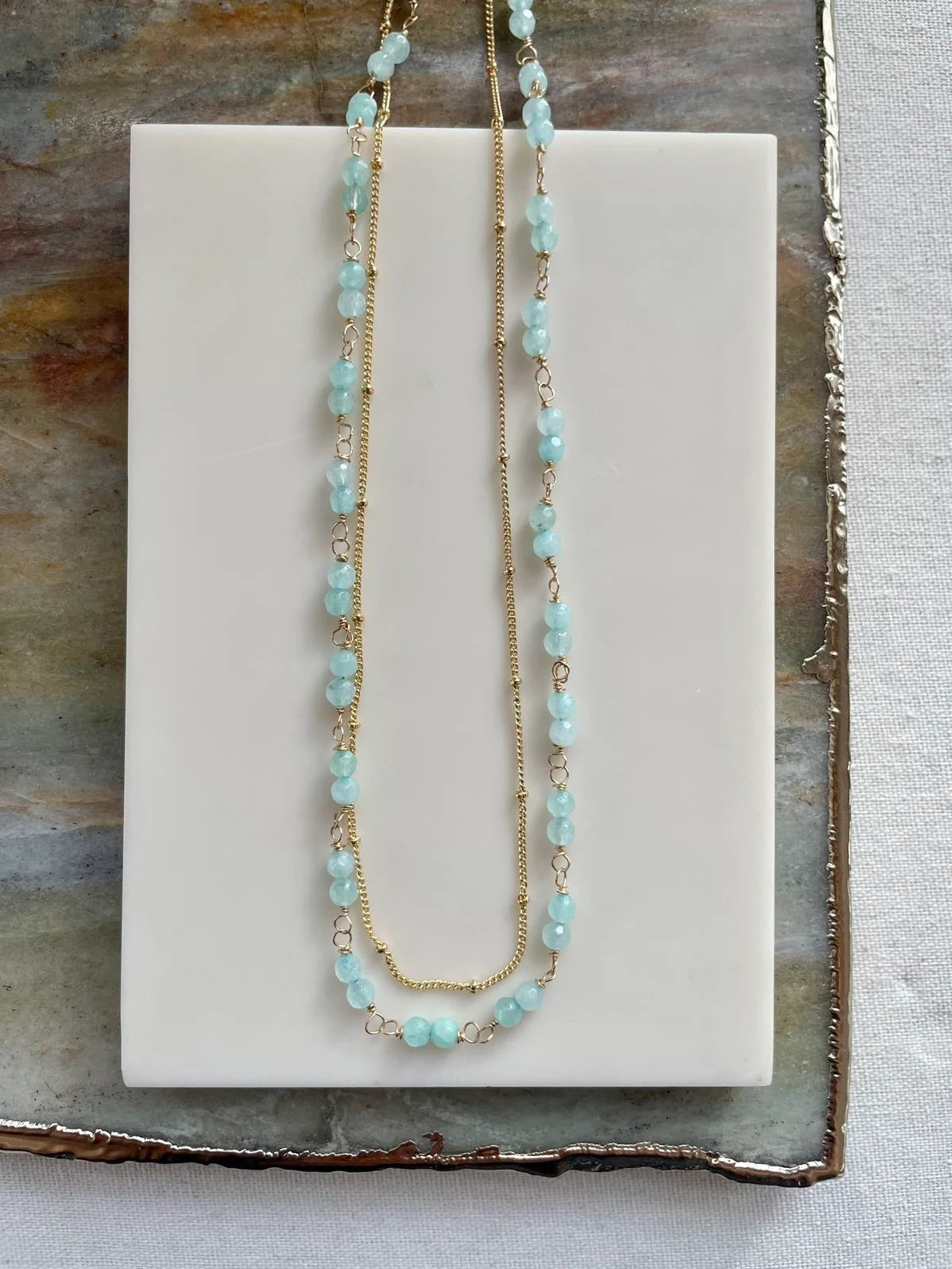 Layered Aqua Chalcedony and Gold Chain Necklace