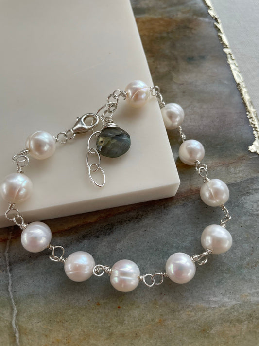 White Pearl and Labradorite Linked Bracelet