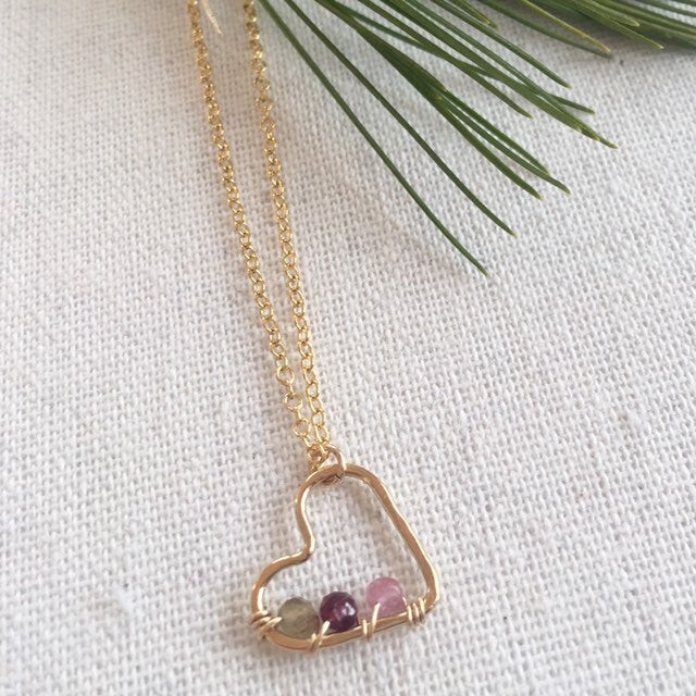 Wire Wrapped Heart Pendant Necklace with Tourmaline