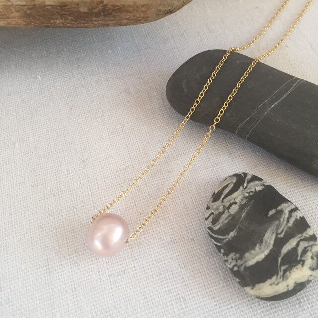 Floating Pearl Necklace in Gold - Pink Freshwater Pearl on Gold Filled Chain