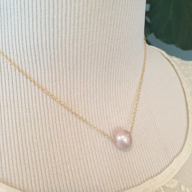 Floating Pearl Necklace in Gold - Pink Freshwater Pearl on Gold Filled Chain