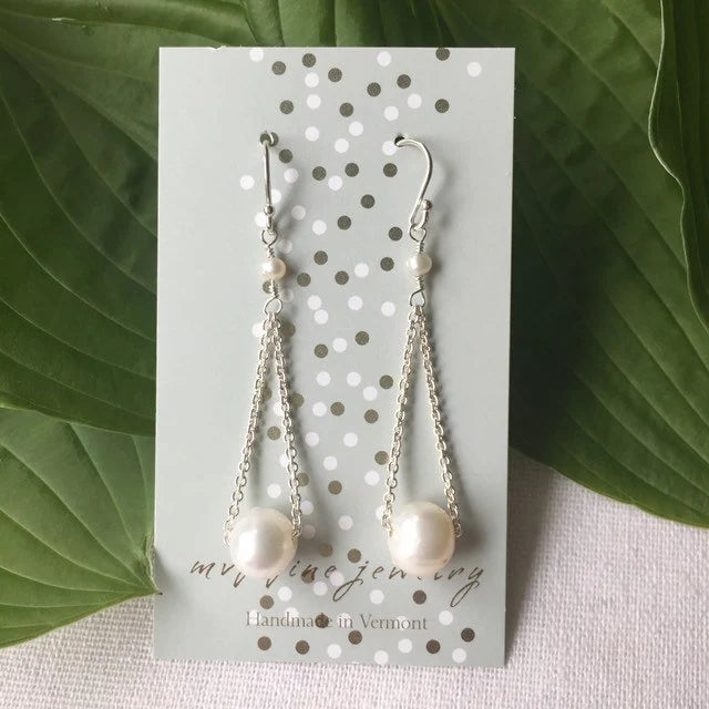 White Floating Pearl Earrings in Silver