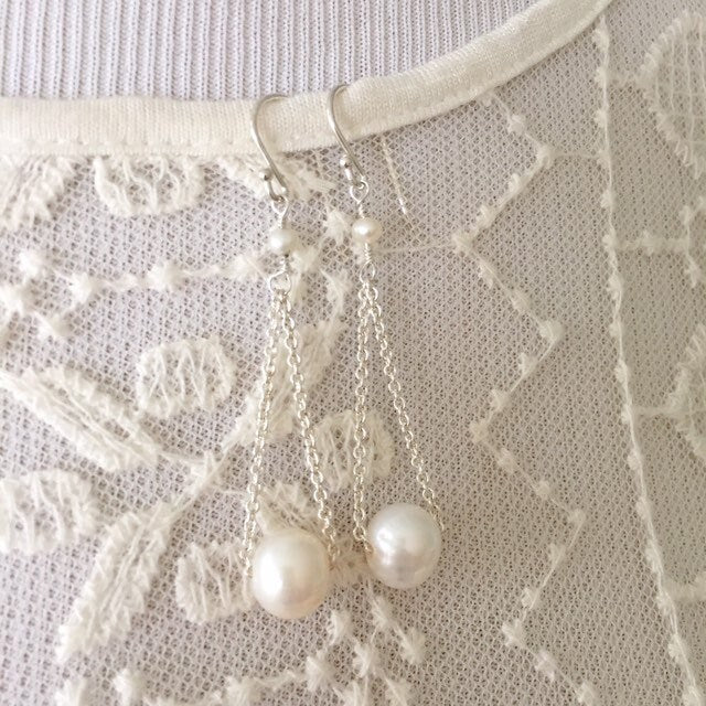 White Floating Pearl Earrings in Silver