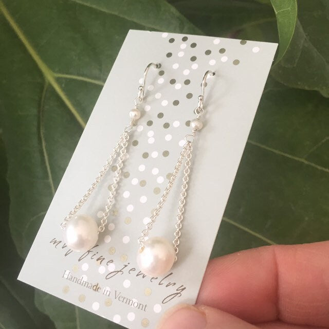 White Floating Pearl Earrings in Silver