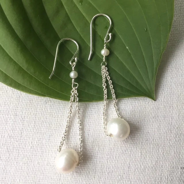 White Floating Pearl Earrings in Silver