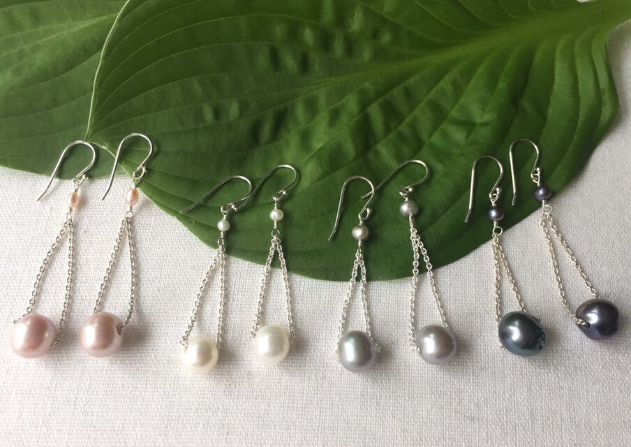 White Floating Pearl Earrings in Silver