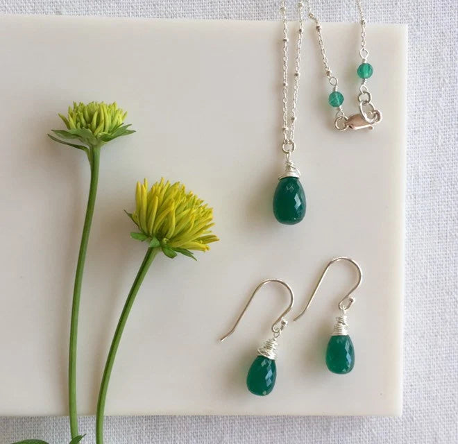 Green Onyx Drop Earrings in Sterling Silver