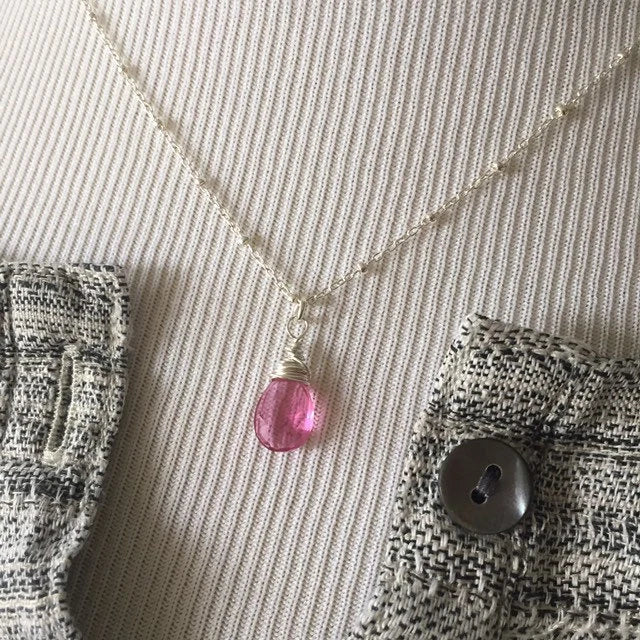 Simple Pink Gemstone Briolette/ Teardrop Necklace in Sterling Silver