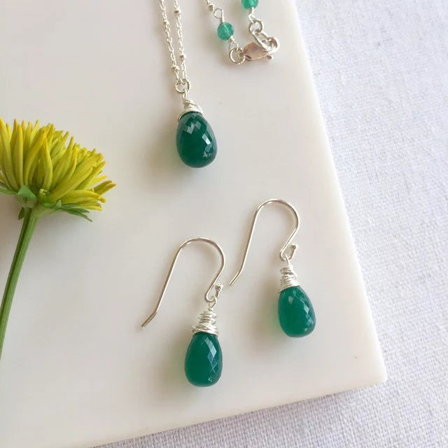 Green Onyx Drop Earrings in Sterling Silver