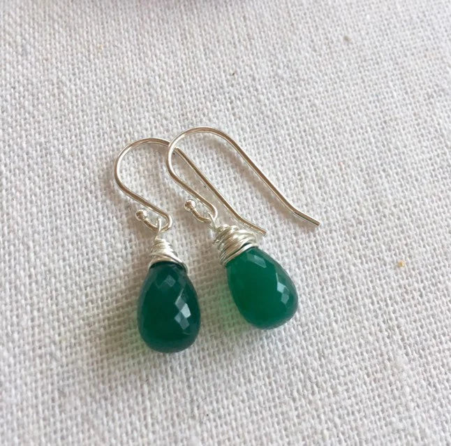 Green Onyx Drop Earrings in Sterling Silver