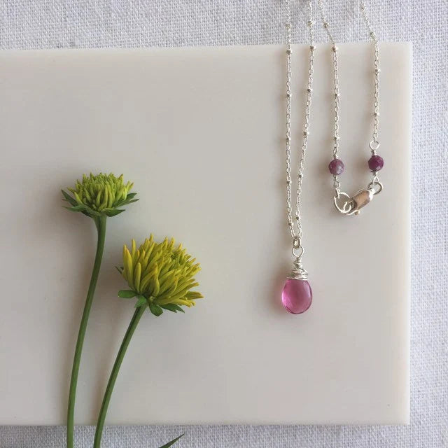 Simple Pink Gemstone Briolette/ Teardrop Necklace in Sterling Silver