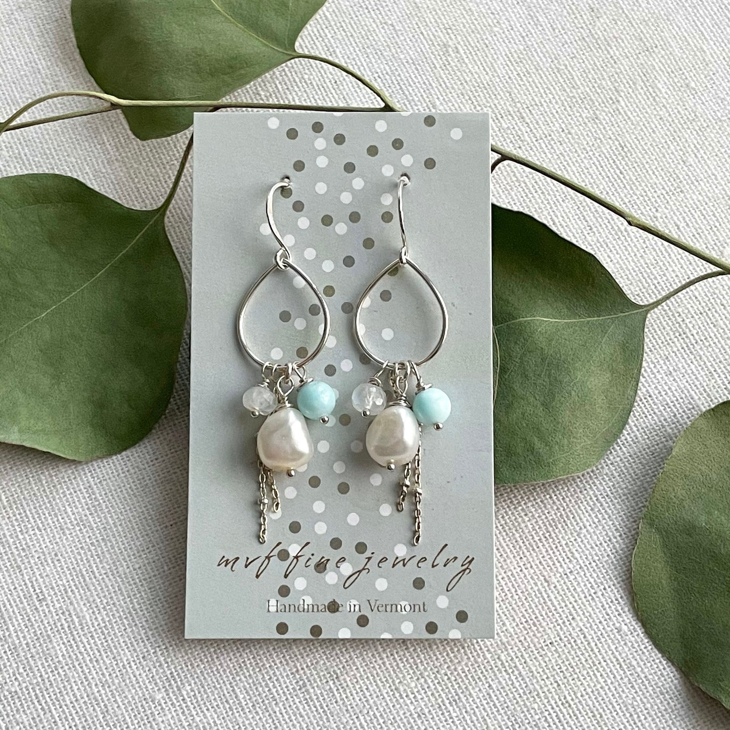 Larimar, Pearl, Moonstone, and Silver Hoop Earrings, Larimar and Silver Earrings