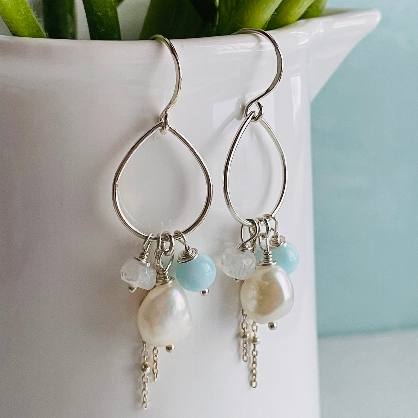 Larimar, Pearl, Moonstone, and Silver Hoop Earrings, Larimar and Silver Earrings