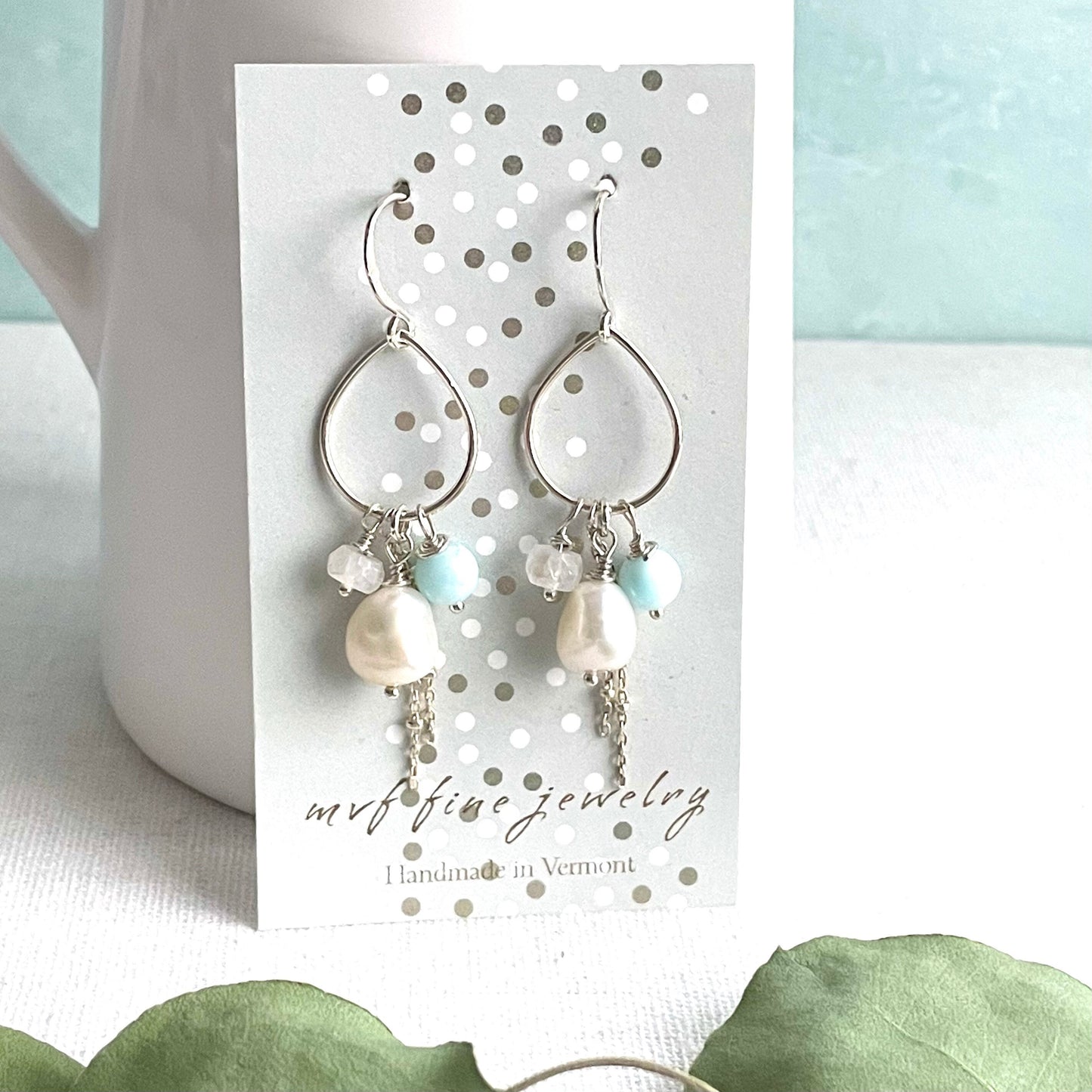 Larimar, Pearl, Moonstone, and Silver Hoop Earrings, Larimar and Silver Earrings