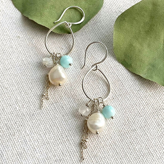 Larimar, Pearl, Moonstone, and Silver Hoop Earrings, Larimar and Silver Earrings