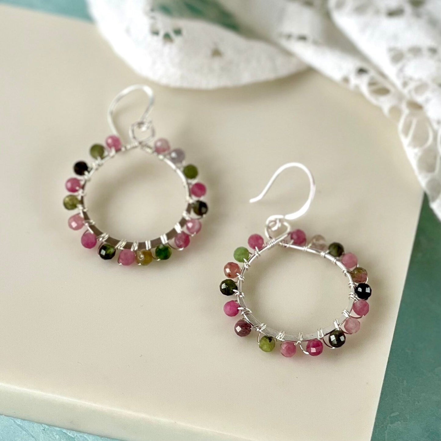 Tourmaline Wire Wrapped Hoop Earrings