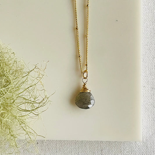 Simple Labradorite Briolette/ Teardrop Necklace in Gold