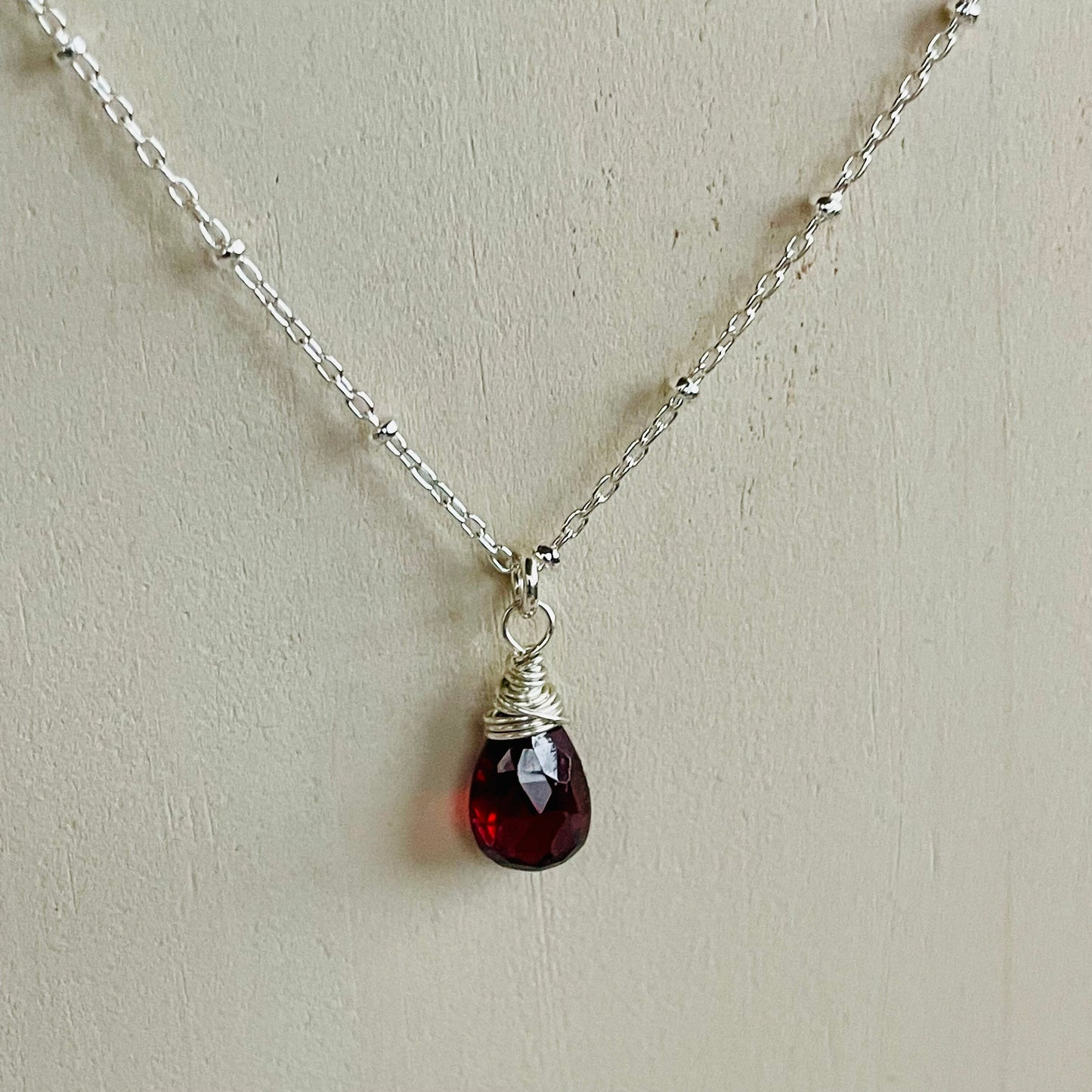 Simple Red Gemstone Briolette/ Teardrop Necklace in Sterling Silver