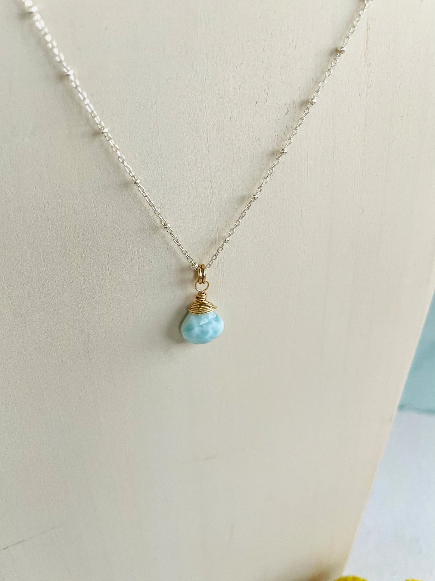 Simple Larimar Briolette/ Teardrop Necklace in Sterling Silver