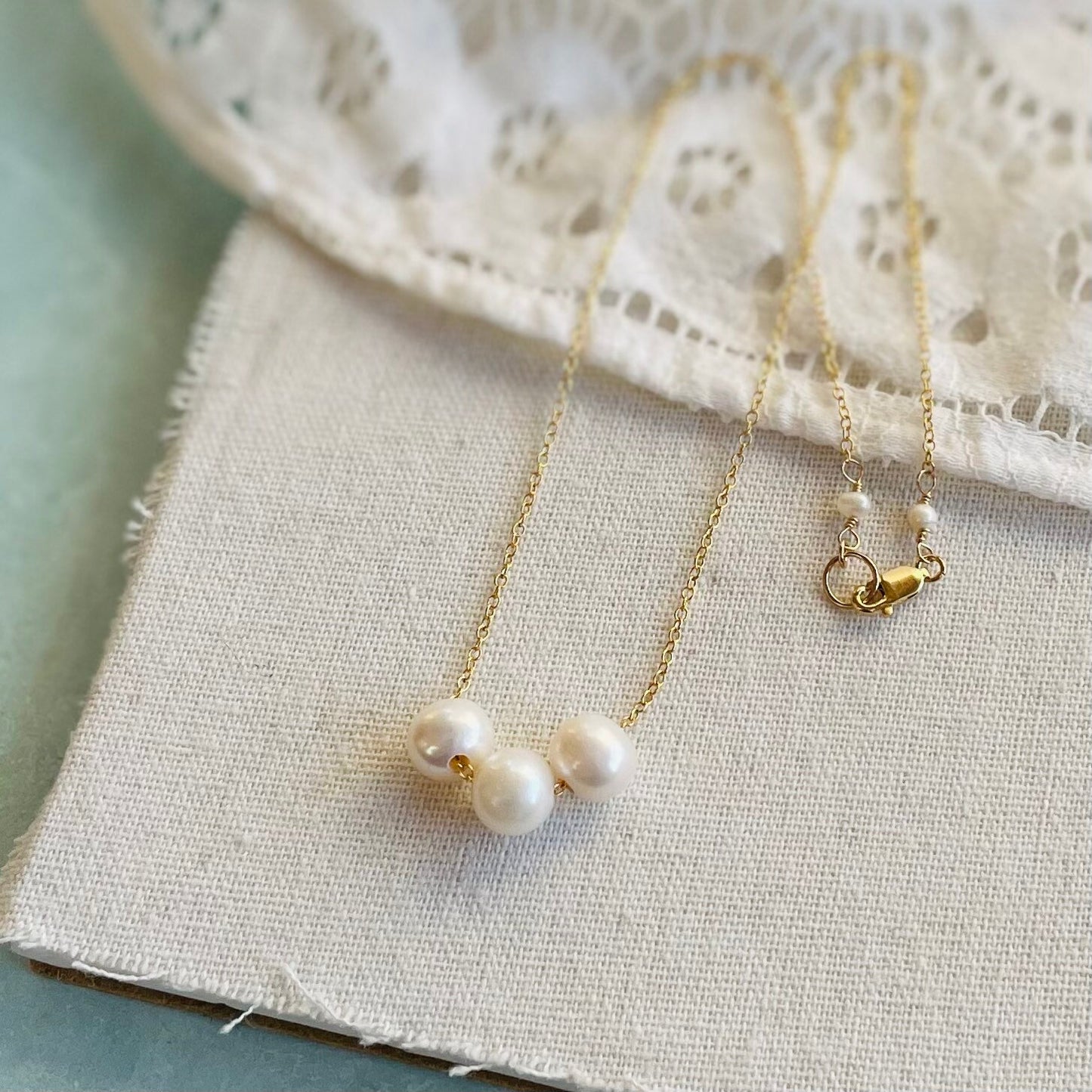 Triple Floating Pearl Necklace in White