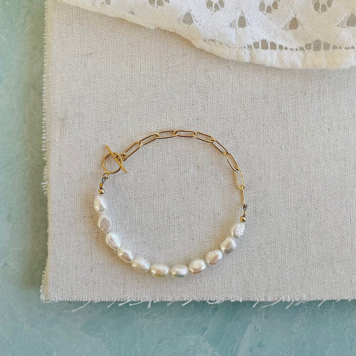 Paperclip Chain and White Pearl Bracelet