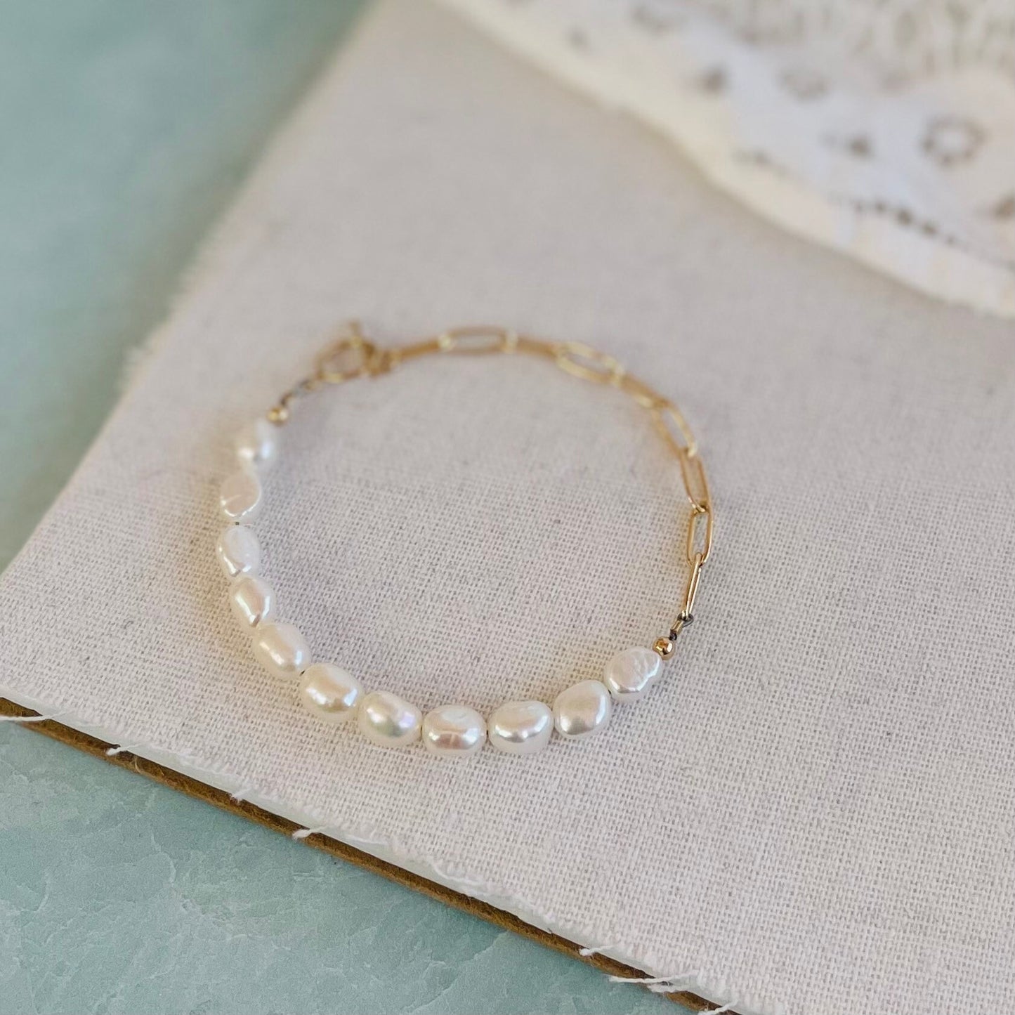 Paperclip Chain and White Pearl Bracelet