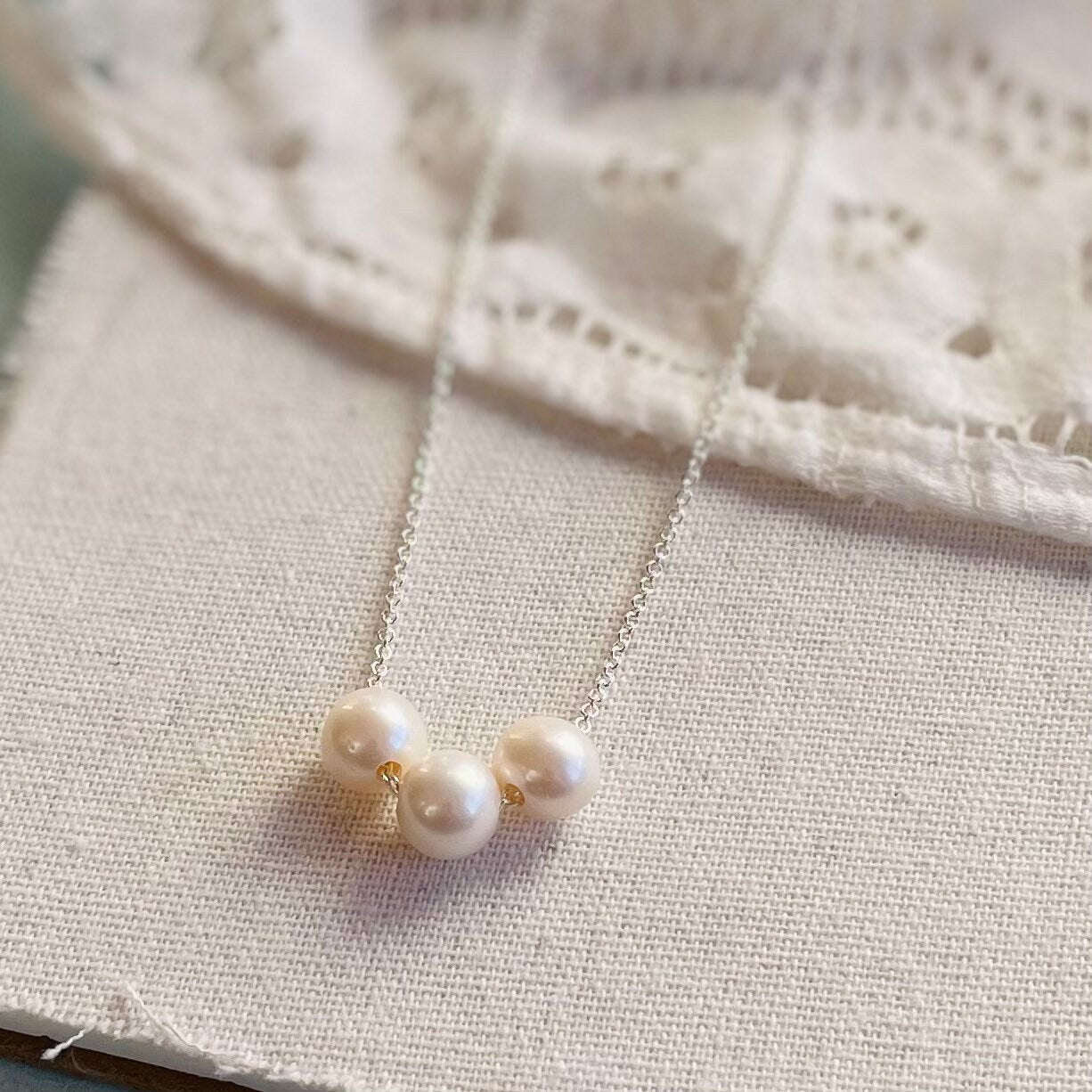 Triple Floating Pearl Necklace in White