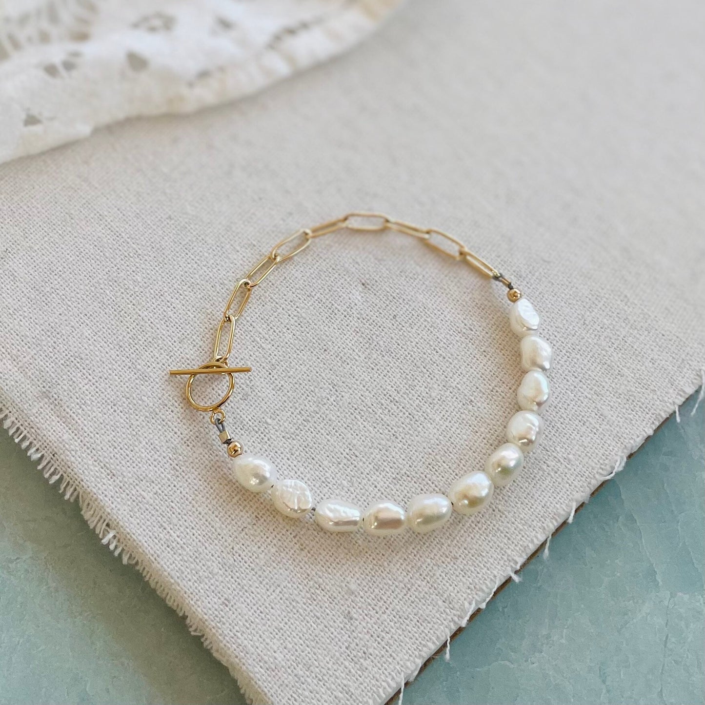 Paperclip Chain and White Pearl Bracelet